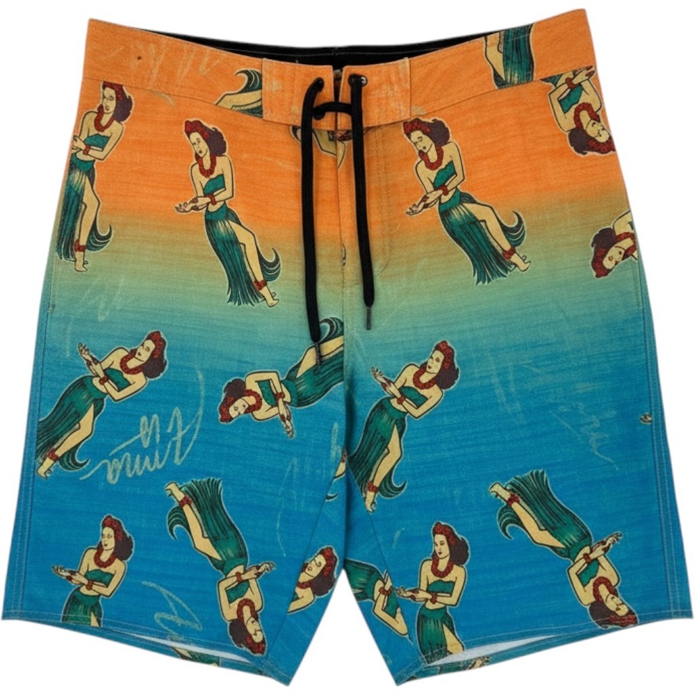 Hang Ten Mens Board Shorts Size 36 Hula Girl Aloha Sunset Ombre Blue Orange Swim